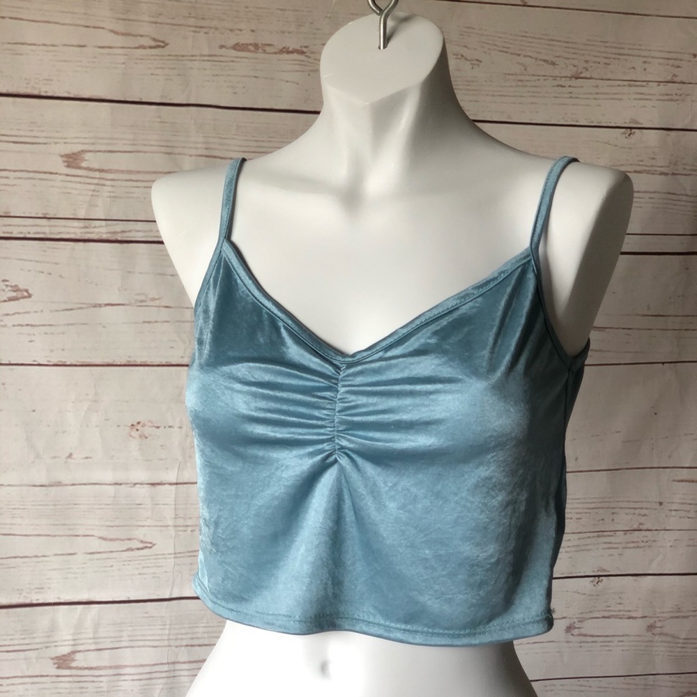 Blue satin crop top ruched sky strapless tank